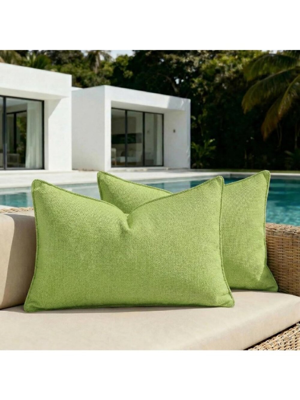 Set of 2 Water-Resistant Soft Chenille Lumbar Pillow Covers, Lime Green, 14x24